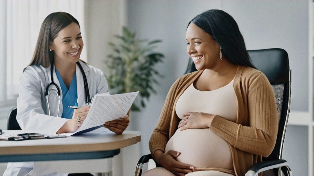 A pregnant woman in her late 20s sits in a doctor's office, reviewing a Medicare plan with her doctor. The doctor smiles reassuringly as they discuss prenatal care, emphasizing the role of Medicare in supporting a healthy pregnancy.