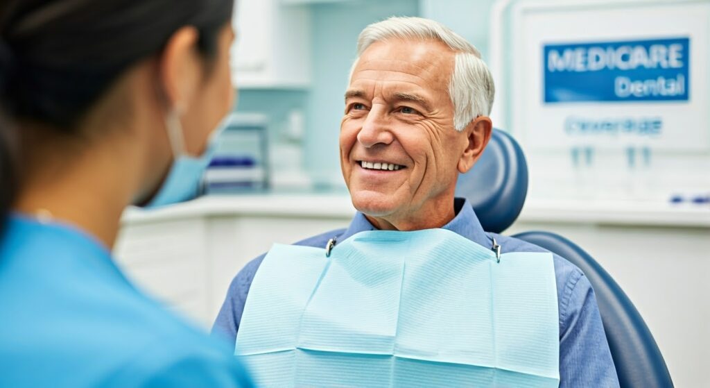 A man in his mid 60s sits in a dental chair, smiling as the dentist explains his dental care options. A sign in the background reads 'Medicare Dental Coverage,' representing the importance of dental health for seniors.