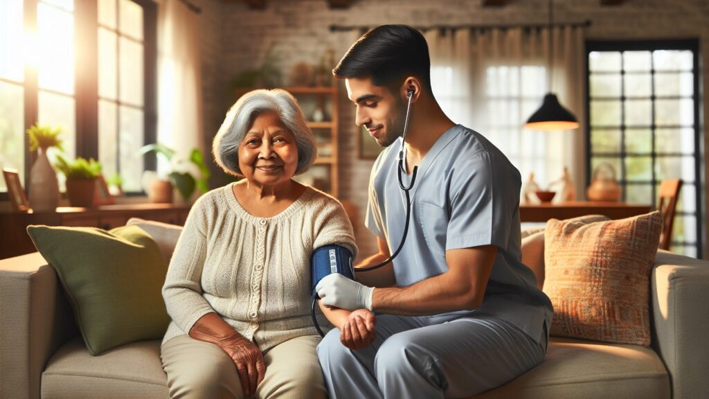 A 68-year-old woman sits comfortably in her living room while a home health aide checks her blood pressure. The room is bright and welcoming, symbolizing the importance of receiving quality care at home.