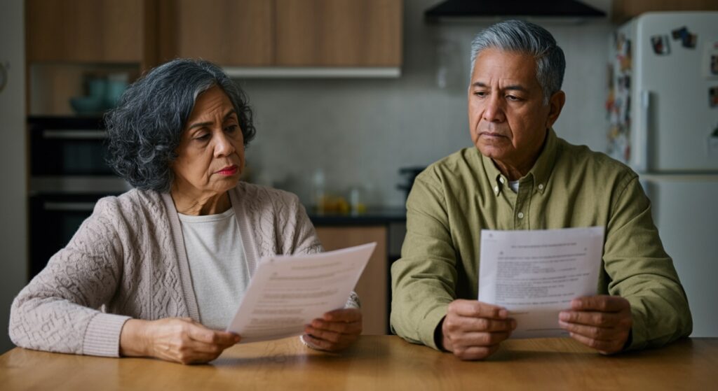 A couple in their late mid-60s sits at a kitchen table, each holding different health insurance documents. The woman looks at a Medicare plan, while the man holds employer insurance papers. Both appear thoughtful, with multiple options laid out in front of them.